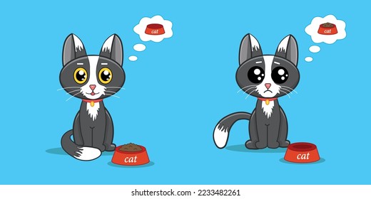 Gray cats with a bowl. Hungry and full cat.	