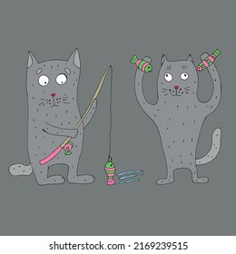 Gray cats fishing. Funny cat with a fishing rod in his hands catches fish. Vector illustration. Comics. Cartoon