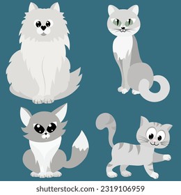 Gray cats and kittens, set. Vector illustration on a blue background.