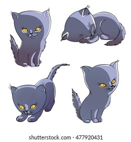 Gray Cats On White Background. Cartoon Cute Cats Vector Set. Sleep kitten, seated kitten, playing kitten.