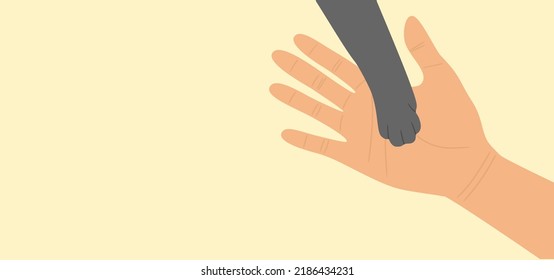 A gray cat's paw on an open human palm. Copy space. Flat vector illustration