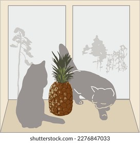 Gray cats, two, on the windowsill. It's winter outside. And a big pineapple, cats are looking at it. 