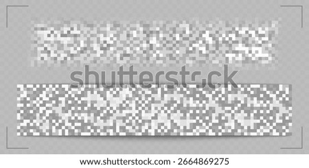 Gray censor bars with pixelated squares for hiding sensitive content. Censored label over mosaic pattern blocks. Privacy protection elements for documents or images requiring redaction.