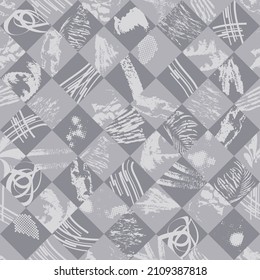 Gray checkered seamless pattern with grunge texture. Vector geometric background for printing on fabric, gift wrapping, covers, wallpapers.
