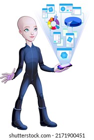 Gray child alien projecting data. Vector isolated character