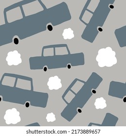 Gray childish cars with clouds seamless pattern. Cute hand drawn city transport vector illustration. Boy pajamas fabric ornament. Logistics, transportation business background