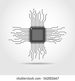 Gray chip icon in flat design. Simple microchip circuit board. Microcircuit flat sign. Vector illustration.