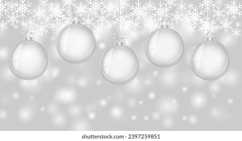 Gray Christmas background. Christmas card. Fallen snowflakes. Christmas silver balls. Vector illustration.