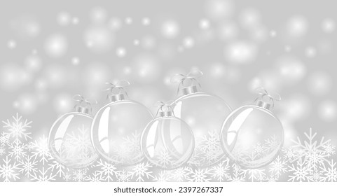 Gray Christmas background. Christmas card. Fallen snowflakes. Christmas silver balls. Vector illustration.