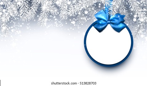 Gray Christmas background with fir branches and blue bow. Vector illustration.