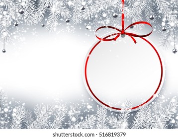 Gray Christmas background with fir branches and red ribbon. Vector illustration.