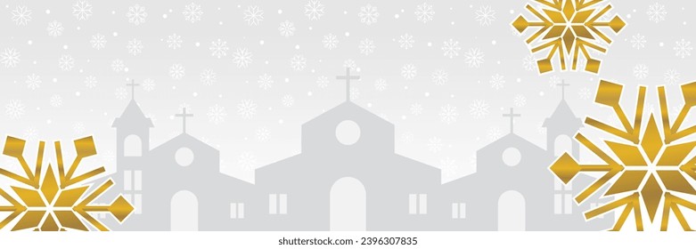 Gray Christmas background, with golden snow ornaments and church silhouette. vector template for banner, poster, social media, Christian holiday greeting card.