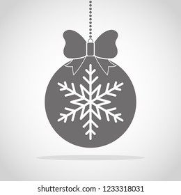 Gray christmas ball icon with snowflake and bow. Vector illustration. Hanging christmas ball.