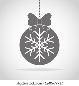 Gray christmas ball icon with snowflake and bow. Vector illustration. Hanging christmas ball.