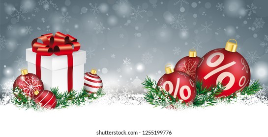 Gray christmas card with with the christmas gift, red baubles and percents. Eps 10 vector file.