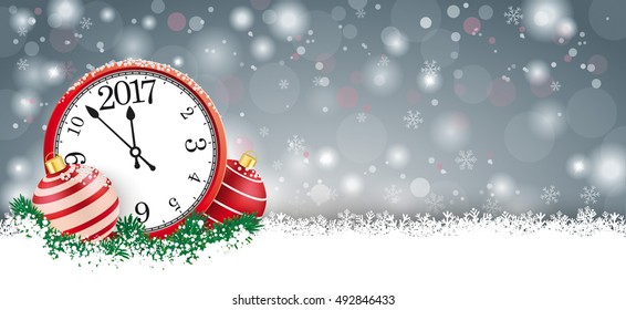 Gray christmas card with red baubles and clock with date 2017 on the snow. Eps 10 vector file.