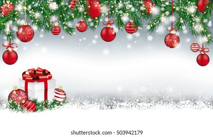 Gray christmas card with with snow, baubles and lights. Eps 10 vector file.