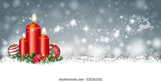 Gray christmas card with with the snow, baubles and candles. Eps 10 vector file.