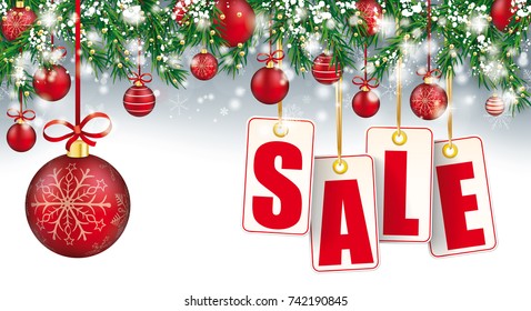 Gray christmas card with with snow, baubles  and golden price stickers. Eps 10 vector file.