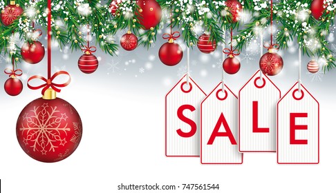 Gray christmas card with with snow, baubles  and discount price stickers. Eps 10 vector file.