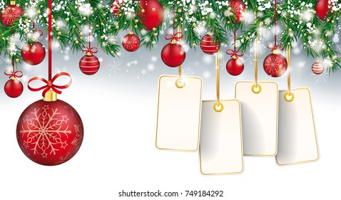 Gray christmas card with with snow, baubles  and golden price stickers. Eps 10 vector file.