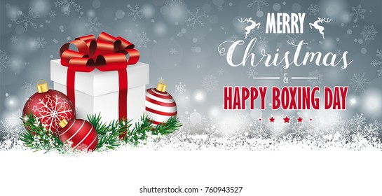 Gray christmas card with with the snow, baubles and gift carton. Eps 10 vector file.