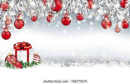 Gray christmas card with with snow, baubles, gift and frozen twigs. Eps 10 vector file.