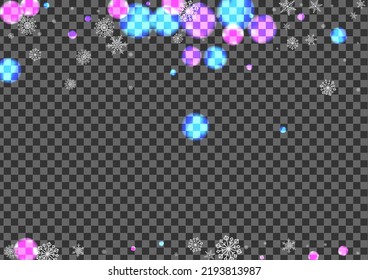 Gray Circle Background Transparent Vector. Bokeh Defocused Frame. Pink Holiday. White Snowflakes Effect. January Illustration.