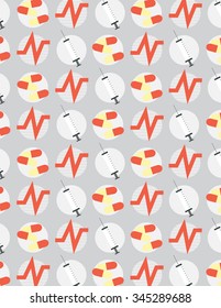 Gray circle pattern with syringe, pills, and heartbeat over gray color background