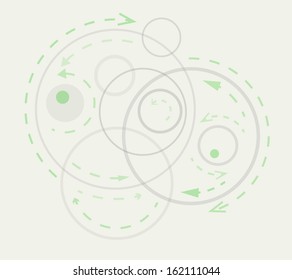 gray circles with green arrows and balls symbolizing dynamics