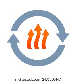 A gray circular arrow with an orange geothermal energy symbol in flat vector illustration style, representing the concepts of renewable energy, sustainable heat power, and earth's natural resources