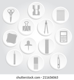 Gray circular icons of several office supplies as scissors, pencil, pen, compass, stiletto, calculator, ruler, paper clips, pencil sharpener, copybook, papers and pins. Gray icons of office supplies