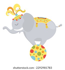 A gray circus elephant balancing on a ball with a hat on it. For greeting cards and baby showers