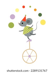 A gray circus mouse on a unicycle with a polka dot hat with balls