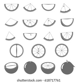 Gray citrus slices - orange, grapefruit, icons set, isolated on white background, vector illustration.