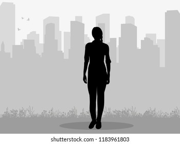 a gray city background, silhouette of a girl is coming