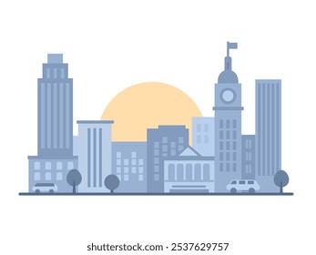 Fondo gris del paisaje urbano. Edificios minimalistas de la ciudad con árboles y coches. Paisaje urbano monocromo con calle. Panorama arquitectónico moderno en estilo plano. Ilustración vectorial  