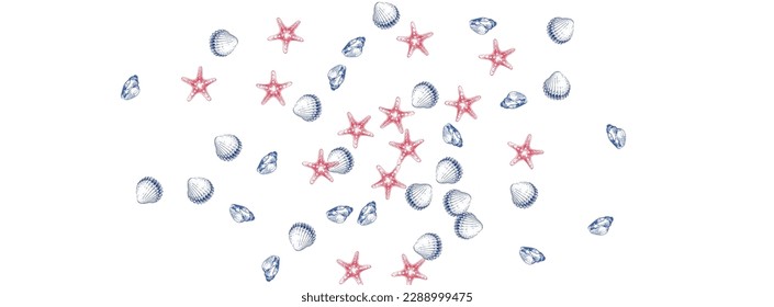 Gray Clam Background White Vector. Shellfish Isolated Graphic. Whimsical Design. Red Snail Sketch Pattern.