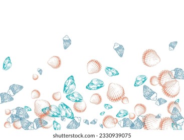 Gray Clam Background White Vector. Scallop Seamless Wallpaper. Vintage Pattern. Blue Snail Underwater Design.