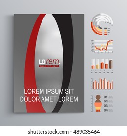 Gray classic business brochure template design with black and red waves. Cover layout and infographics