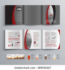Gray classic business brochure template design with black and red waves. Cover layout and infographics