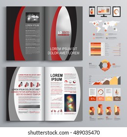 Gray classic business brochure template design with black and red waves. Cover layout and infographics