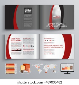 Gray classic business brochure template design with black and red waves. Cover layout and infographics