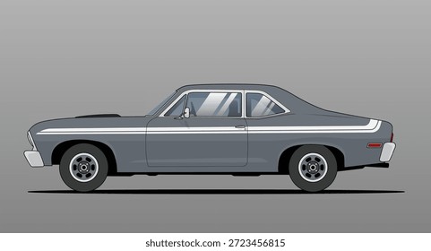 Ilustración de vista lateral de coche de músculo clásico gris en estilo de Vector limpio, ideal para el diseño automotriz, temas retro, carteles y obras de arte digitales. 
