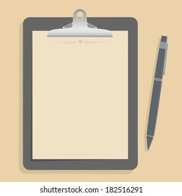 Gray clipboard with blank brown paper.  with pen put alongside. vector illustration