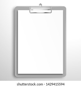 Gray clipboard with a blank white sheet of paper. Mockup for design