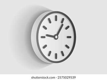 Gray clock icon in 3d flat style, with a light arrow. Time on white background. Business watch. Vector design element for you project