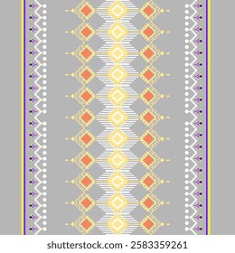 Gray cloth with a yellow and orange diamond stripe in the center, surrounded by an intricate geometric pattern, with white and purple dots on each side. Native woven cloth used to make carpets.