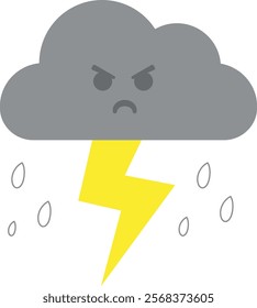 Gray cloud with an angry face, frowning and furrowed eyebrows, bright yellow lightning bolt below, and raindrops falling.