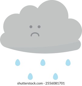 Gray cloud with a sad face, depicted with two small eyes and a downturned mouth. Blue raindrops fall below the cloud, anthropomorphizing it to convey a mood or weather condition.